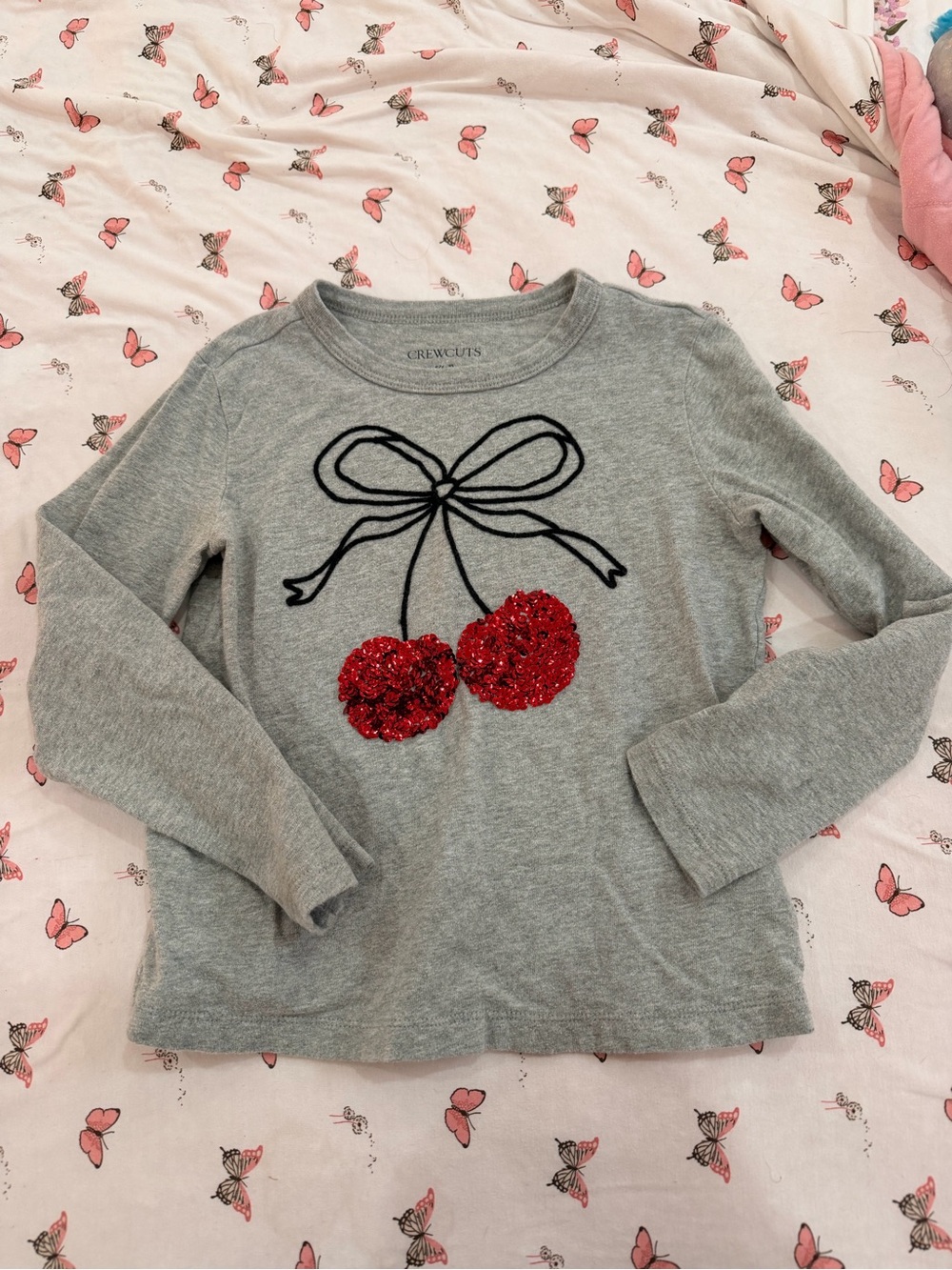 Crewcuts Gray Long Sleeve Top with Red Sequin Cherries